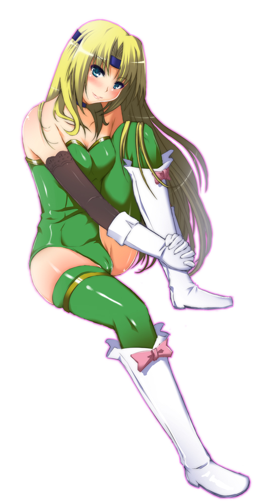 ichijikutei, celes chere, final fantasy, final fantasy vi, 1990s (style), 1girl, bare shoulders, blonde hair, blue eyes, blush, breasts, cameltoe, elbow gloves, female focus, full body, gloves, headband, leotard, long hair, sitting, solo, thighhighs, white background