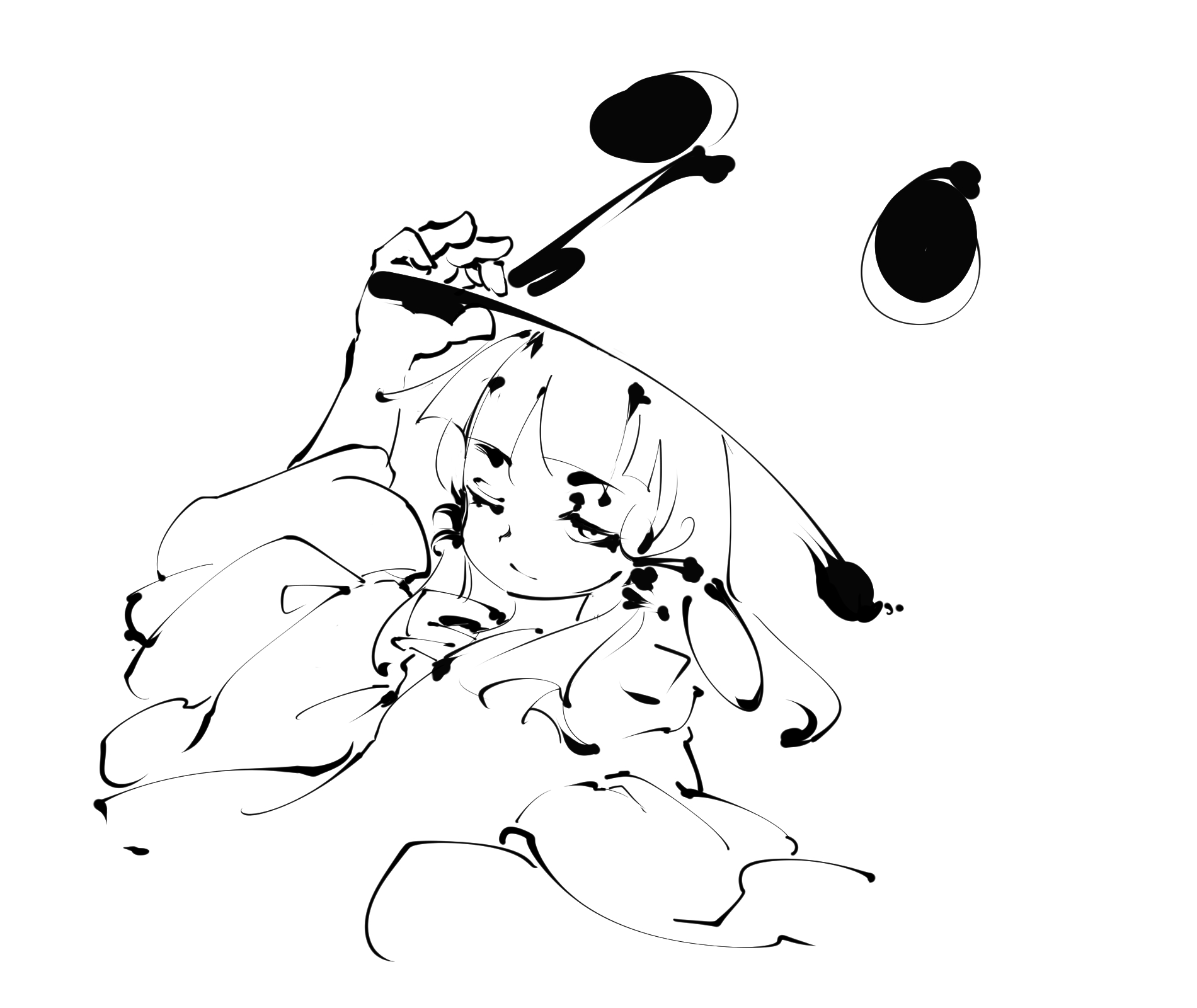 sukunashi negi, moriya suwako, touhou, commentary request, highres, 1girl, arm up, closed mouth, hand on own hat, looking at viewer, monochrome, one eye closed, simple background, solo, wide sleeves