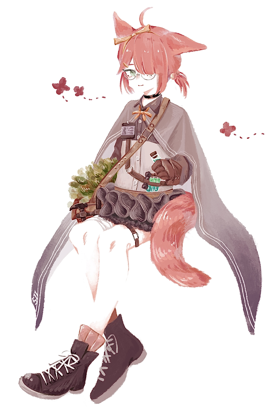 mugioec, myrrh (arknights), arknights, commentary request, highres, 1girl, ahoge, animal ears, bag, bandaged leg, bandages, black shoes, black skirt, boots, bow, brown bow, brown gloves, cape, choker, closed mouth, fox ears, fox girl, fox tail, frilled skirt, frills, full body, glasses, gloves, green eyes, grey cape, hair bow, hair over one eye, holding, id card, looking at viewer, ponytail, red hair, shirt, shoes, short hair, short ponytail, shoulder bag, simple background, sitting, skirt, smile, socks, solo, tail, test tube, thigh strap, vial, white background