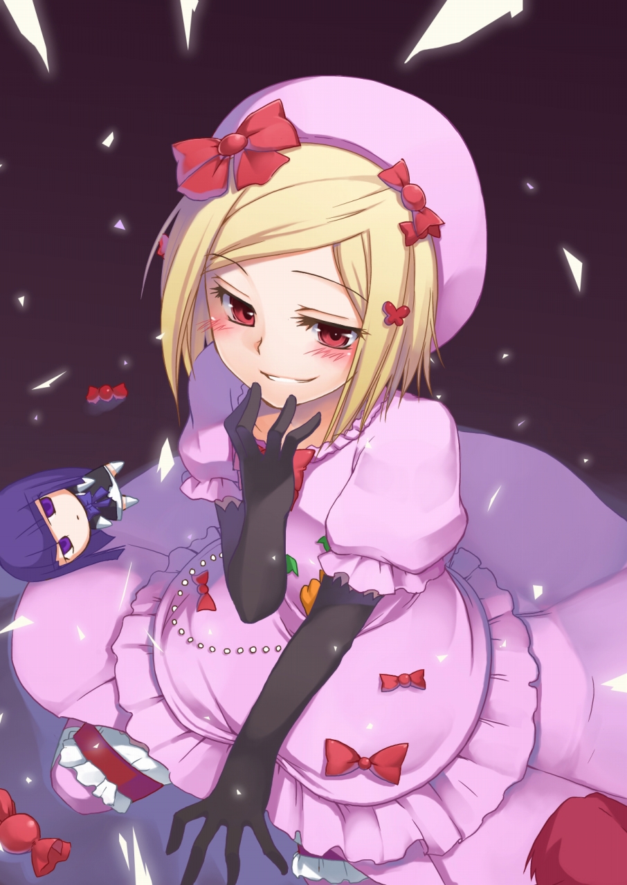 yuzun, frederica bernkastel, lambdadelta, umineko no naku koro ni, bad id, bad pixiv id, highres, 00s, 2girls, beret, blonde hair, blue hair, blush, bow, cat tail, doll, dress, elbow gloves, gloves, grin, hat, multiple girls, pink dress, pink hat, purple eyes, red eyes, ribbon, short hair, sitting, smile, tail, thighhighs
