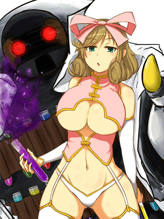 suica.suika, haruka (senran kagura), senran kagura, 1girl, :o, bare shoulders, breasts, brown hair, crop top, elbow gloves, gloves, green eyes, hair ribbon, large breasts, medium hair, ribbon, robot, sleeveless, test tube, thighhighs, thong, underboob