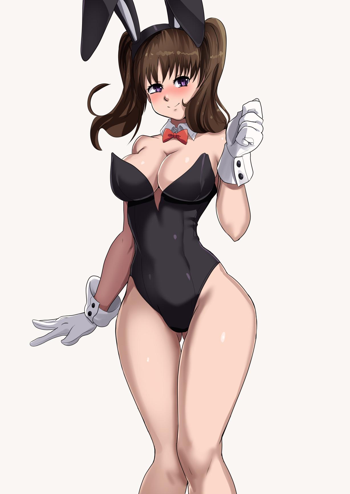 nico-mo, diane (nanatsu no taizai), nanatsu no taizai, 1girl, bare shoulders, blush, bow, bowtie, breasts, brown hair, cleavage, gloves, large breasts, leotard, medium hair, playboy bunny, purple eyes, rabbit ears, sleeveless, twintails, wide hips