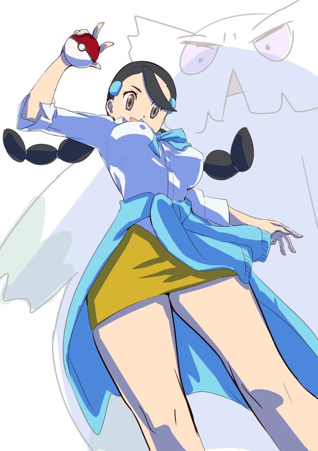 abomasnow, candice (pokemon), nintendo, pokemon, pokemon dppt, 1girl, black hair, breasts, brown eyes, clothes around waist, covered erect nipples, gen 4 pokemon, large breasts, miniskirt, multi-tied hair, poipoionioni, poke ball, shirt, short sleeves, skirt, sweater, sweater around waist, white background