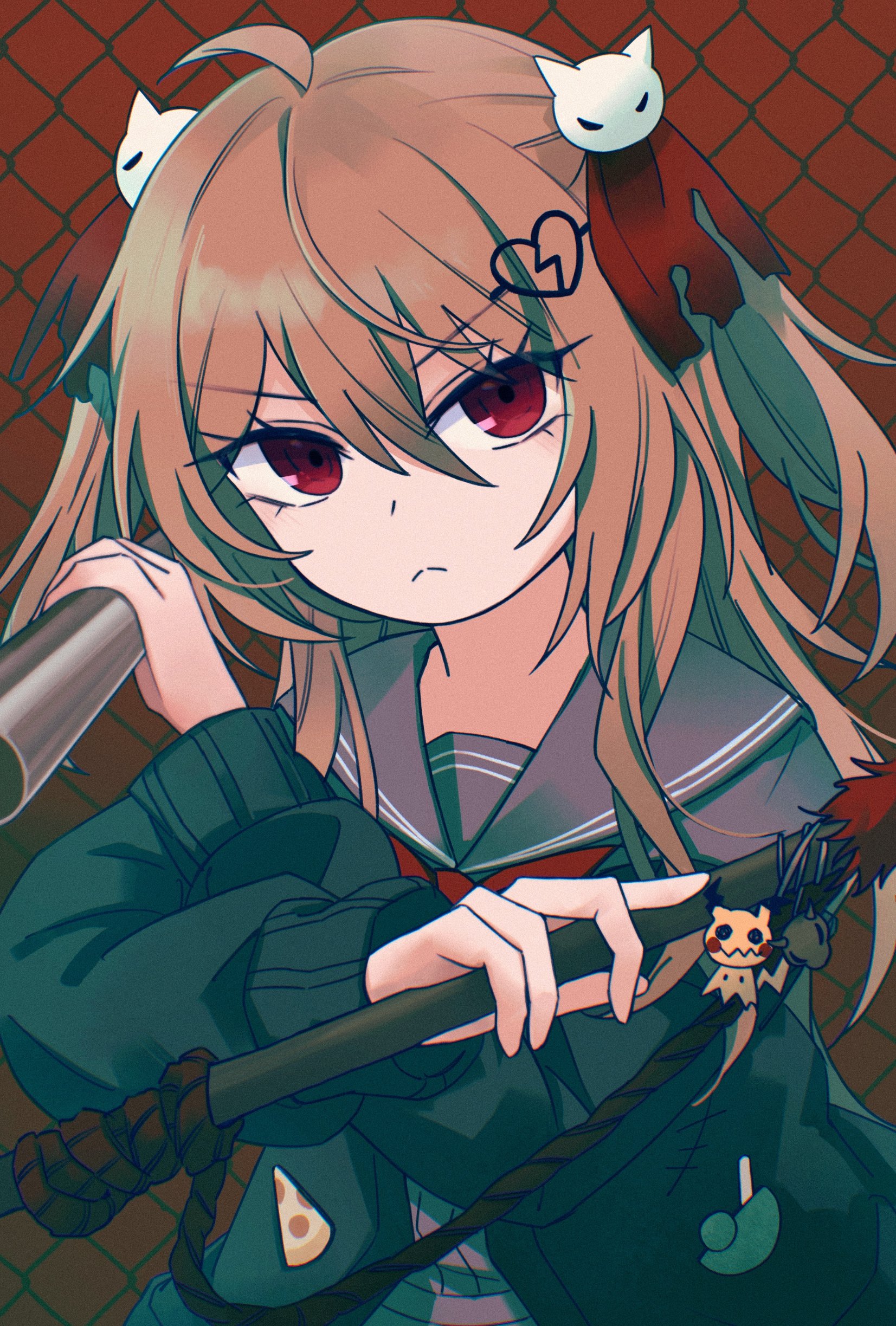 evil neuro-sama, mimikyu, neuro-sama, vedal ai, absurdres, hashtag-only commentary, highres, 1girl, ahoge, black cardigan, bow, bowtie, broken heart, broken heart hair ornament, brown hair, cardigan, chain-link fence, chromatic aberration, closed mouth, double-parted bangs, fence, frown, gen 7 pokemon, grey serafuku, hair between eyes, hair ornament, hair ribbon, hands up, harpoon, harpoon gun, heart, long hair, long sleeves, looking at viewer, red background, red bow, red bowtie, red eyes, red ribbon, ribbon, school uniform, serafuku, skull hair ornament, skyrealplane, solo, torn hair ribbon, two side up, upper body, v-shaped eyebrows, virtual youtuber