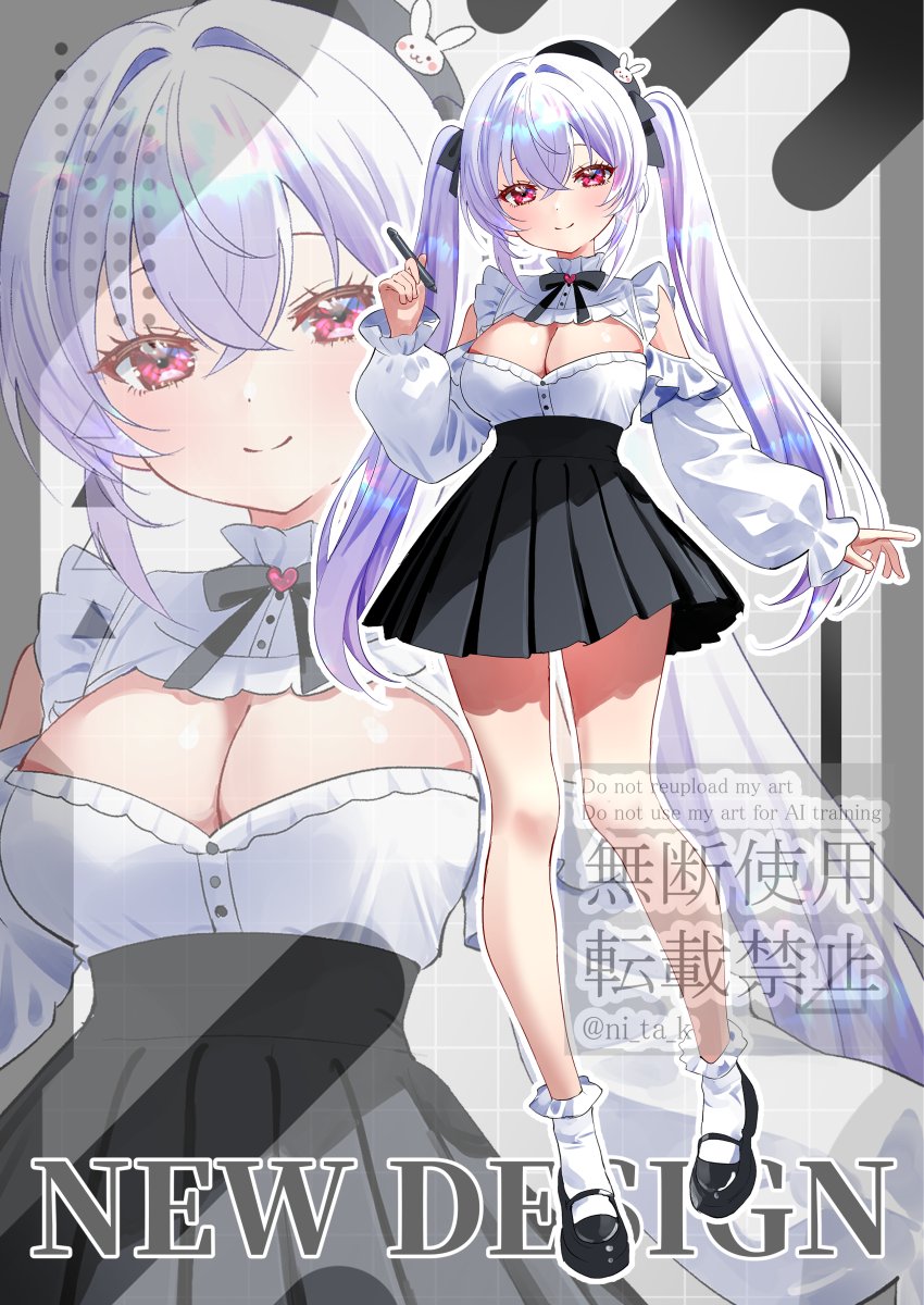 nta (n tan2), iriam, commentary request, highres, 1girl, black hat, black ribbon, black shoes, black skirt, blush, breasts, cleavage, cleavage cutout, closed mouth, clothing cutout, crossed bangs, full body, hair between eyes, hair ribbon, hat, high-waist skirt, holding, holding stylus, iridescent hair, large breasts, long hair, long sleeves, looking at viewer, miniskirt, nitak (iriam), pink eyes, purple hair, ribbon, shirt, shoes, skirt, smile, socks, stylus, twintails, virtual youtuber, watermark, white shirt, white socks, zoom layer