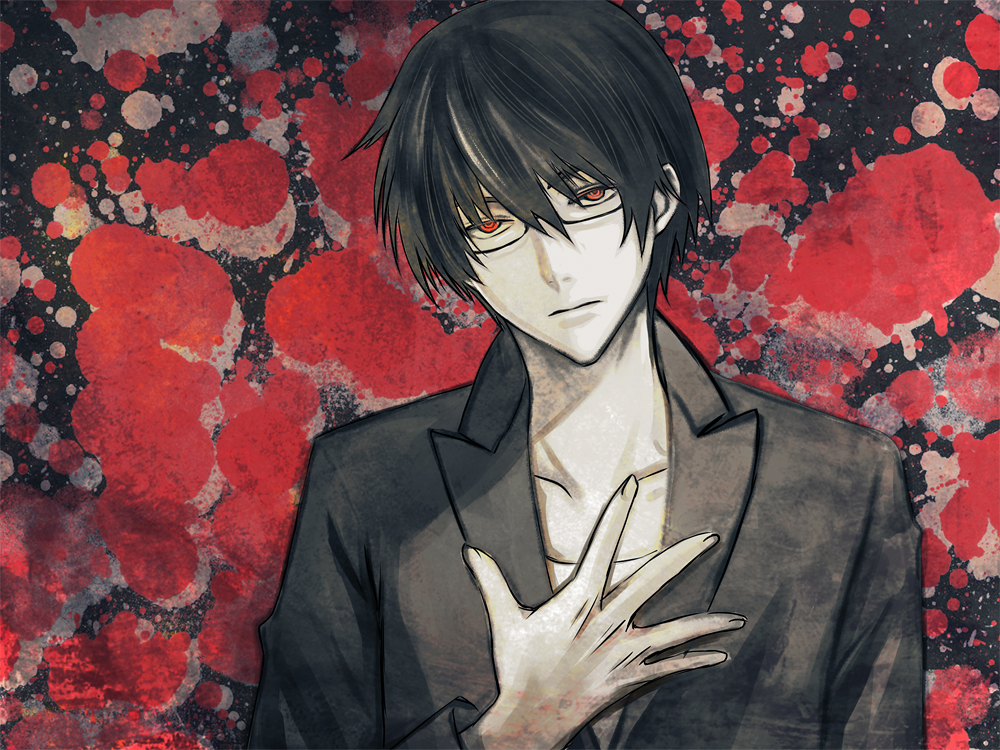 bokuto, hiyama kiyoteru, vocaloid, bad id, bad pixiv id, 1boy, black hair, glasses, male focus, red eyes, solo