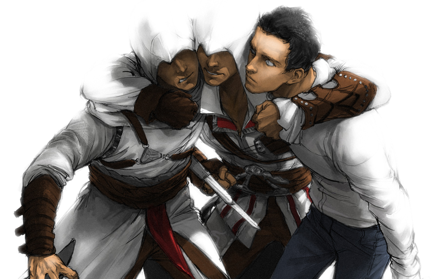 altair ibn la-ahad, desmond miles, ezio auditore da firenze, assassin's creed, assassin's creed (series), assassin's creed ii, blade, 3boys, black hair, concealed weapon, denim, gloves, grey eyes, hidden blade (assassin's creed), hood, hug, jeans, male focus, multiple boys, pants, smile, time paradox, weapon
