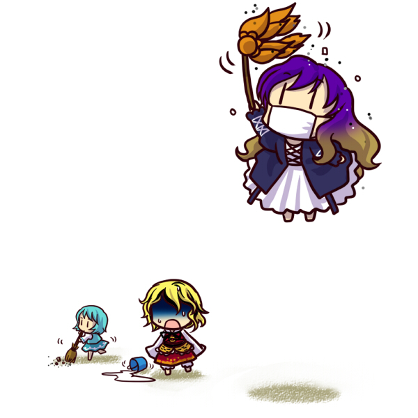 socha, hijiri byakuren, tatara kogasa, toramaru shou, touhou, 3girls, broom, bucket, chibi, cleaning, duster, female focus, floating, mask, mouth mask, multiple girls, no eyes, open mouth, simple background, surgical mask, sweat, turn pale, | |