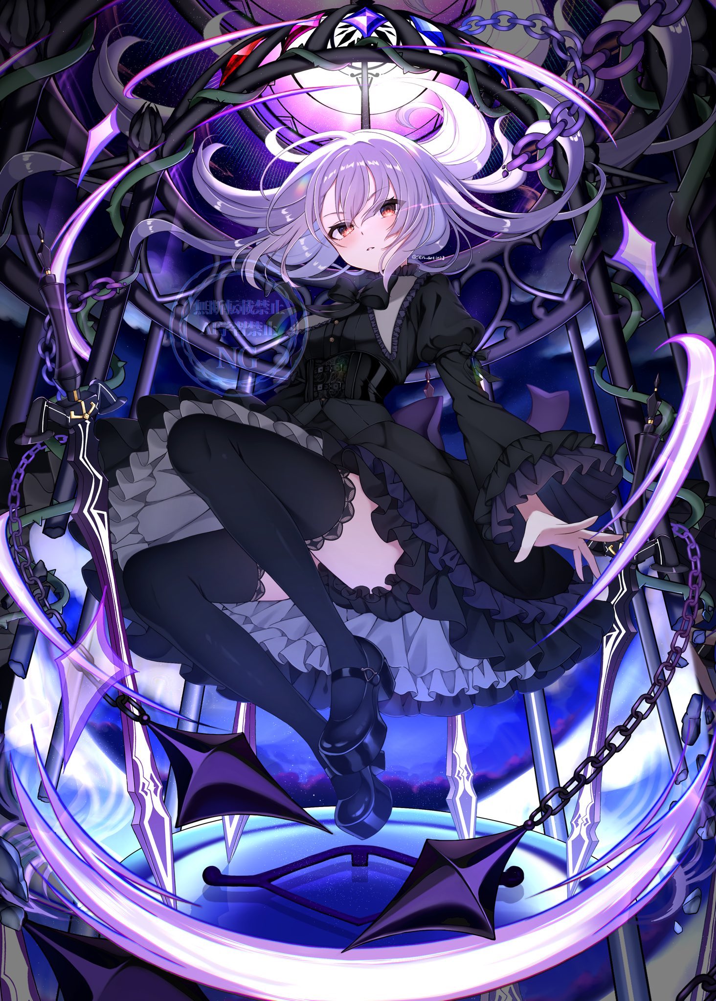 sen chan (akane1023), sumeragi setsuna, ongeki, commentary request, highres, 1girl, black bloomers, black dress, bloomers, broken, broken chain, brown eyes, chain, cuffs, dress, floating hair, frilled dress, frills, full body, gothic lolita, hair between eyes, high heels, lolita fashion, long hair, long sleeves, looking at viewer, scythe, shackles, shoes, solo, thighhighs, underwear, very long hair, wide sleeves, wings