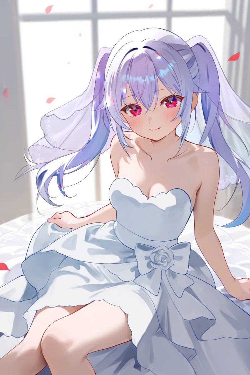nta (n tan2), iriam, commentary request, highres, textless version, 1girl, bare shoulders, breasts, cleavage, closed mouth, cowboy shot, double-parted bangs, dress, hair between eyes, long hair, looking at viewer, medium breasts, nitak (iriam), pink eyes, purple hair, sitting, smile, solo, strapless, strapless dress, twintails, veil, virtual youtuber, wedding dress, white dress
