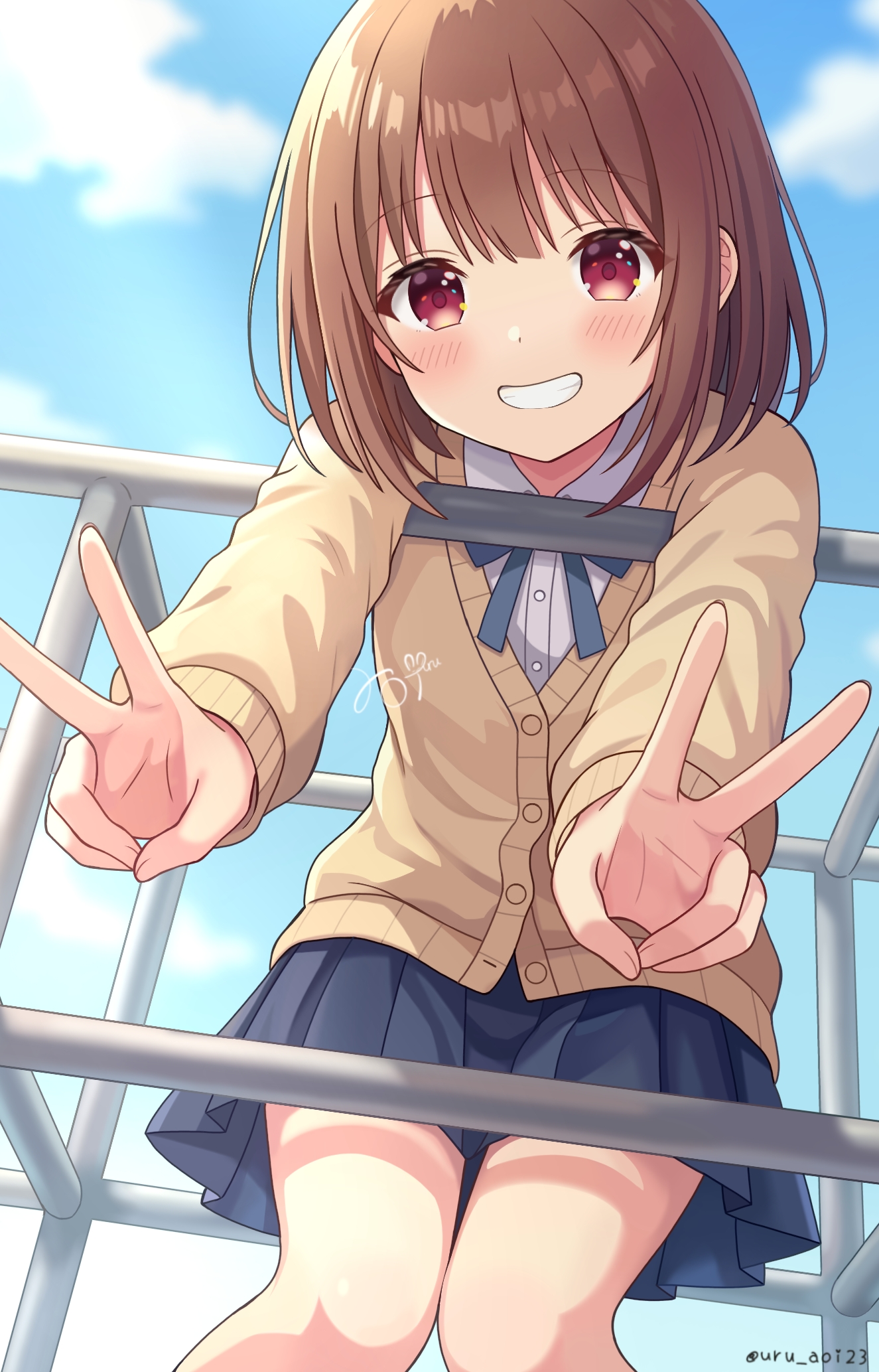 uru aoi23, original, commentary request, highres, 1girl, blue bow, blue bowtie, blue skirt, blue sky, bow, bowtie, brown hair, cardigan, cloud, collared shirt, day, double v, feet out of frame, grin, long sleeves, looking at viewer, miniskirt, outdoors, outstretched arms, pleated skirt, red eyes, school uniform, shirt, short hair, sidelocks, signature, skirt, sky, smile, solo, standing, v, white shirt, yellow cardigan