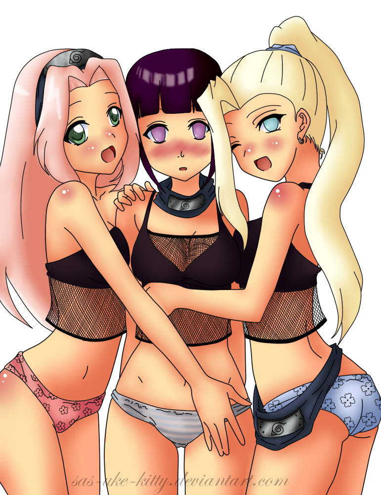 sas-uke-kitty, haruno sakura, hyuuga hinata, yamanaka ino, naruto (classic), naruto (series), 3girls, :d, :o, ;d, aqua eyes, ass, asymmetrical bangs, bikini, black hair, blonde hair, blunt bangs, blush, body blush, breast press, breasts, earrings, embarrassed, fishnets, floral print, from side, green eyes, hairband, hand on another's shoulder, headband, high ponytail, hug, jewelry, konohagakure symbol, long hair, looking at viewer, looking back, multiple girls, navel, nose blush, one eye closed, open mouth, pink hair, ponytail, print bikini, purple eyes, scrunchie, simple background, small breasts, smile, standing, striped bikini, striped clothes, swimsuit, tankini, watermark, web address