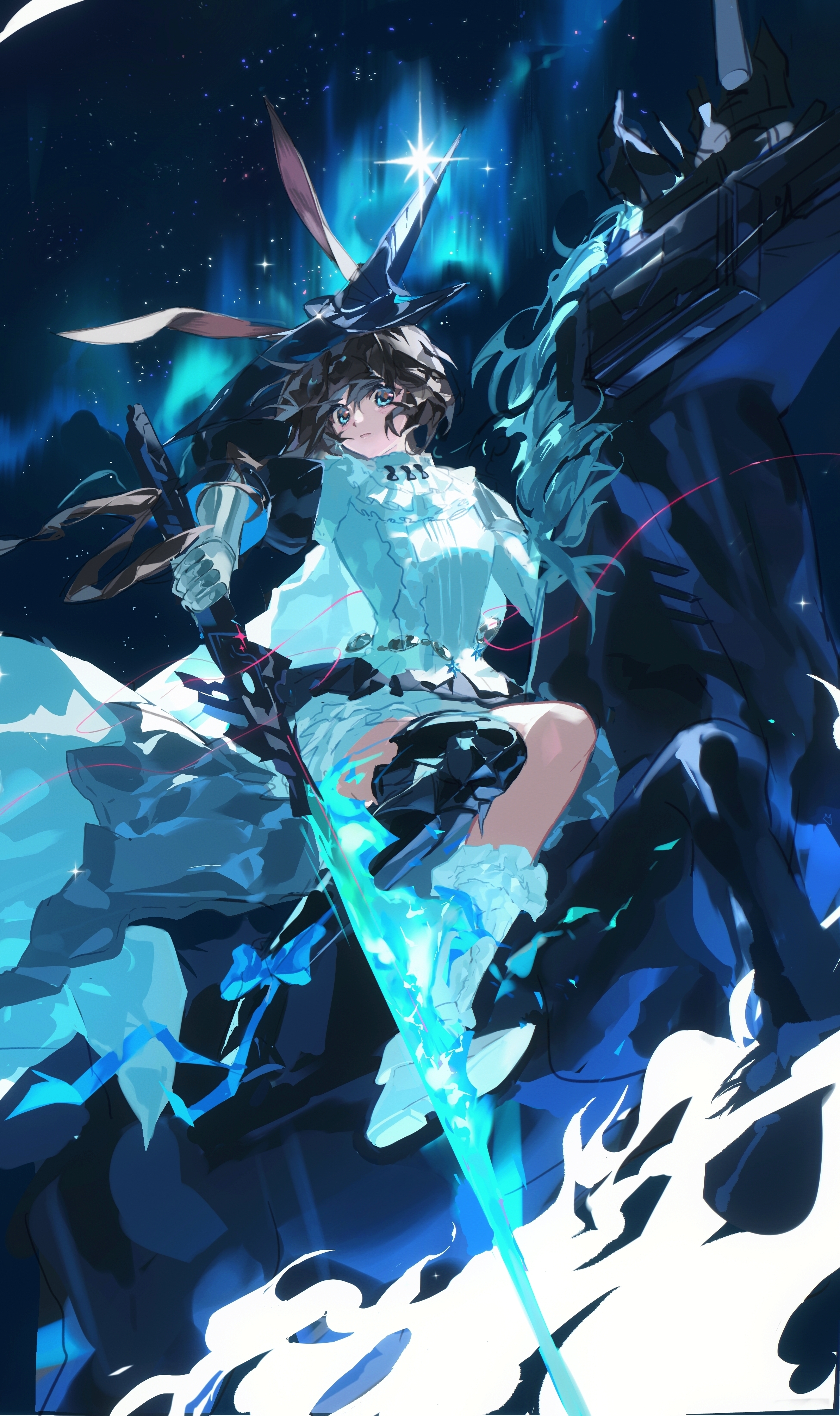 qingningqianxianick, amiya (arknights), amiya (guard) (arknights), arknights, absurdres, chinese commentary, commentary request, highres, procreate (medium), 1girl, amiya (guard) (in a myriad of universes) (arknights), animal ears, asymmetrical footwear, aurora, black boots, black skirt, blue eyes, blue fire, boots, brown hair, dress, fire, flaming sword, flaming weapon, floating hair, from below, full body, gauntlets, holding, holding sword, holding weapon, horse, jumping, long hair, looking at viewer, mechanical horse, mismatched footwear, rabbit ears, rabbit girl, shoe soles, single gauntlet, skirt, sky, solo, star (sky), starry sky, sword, weapon, white boots, white dress