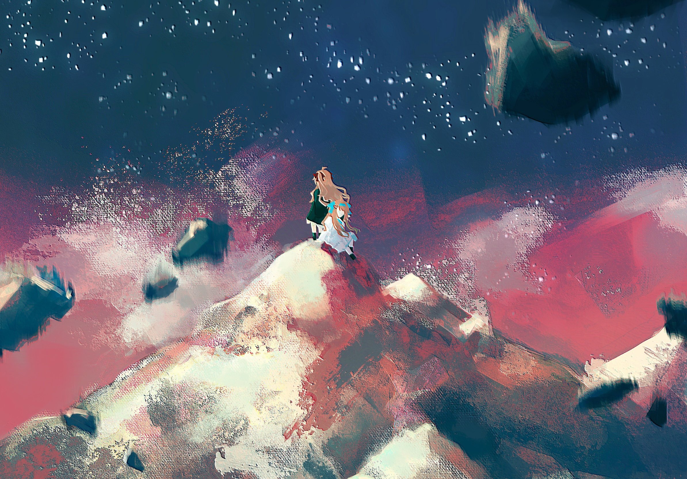 evil neuro-sama, neuro-sama, vedal ai, commentary, english commentary, highres, 2girls, ahoge, black dress, blue headband, brown hair, dress, falling rock, hair ribbon, headband, long hair, mountain, multiple girls, official alternate costume, official alternate hairstyle, outdoors, red ribbon, red sky, ribbon, scenery, sitting, sky, skyrealplane, standing, star (sky), two side up, virtual youtuber, wavy hair, white dress, wide shot