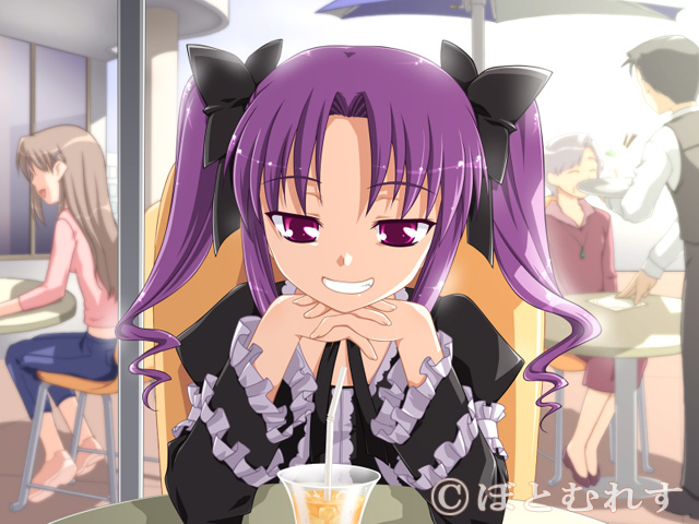 kannazuki genshi, amanohashi aira, omakase! trouble angel, archived source, game cg, 1boy, 3girls, dress, drink, gothic lolita, head rest, lolita fashion, long hair, looking at viewer, multiple girls, purple eyes, purple hair, sitting, smile, solo focus, sunlight, twintails