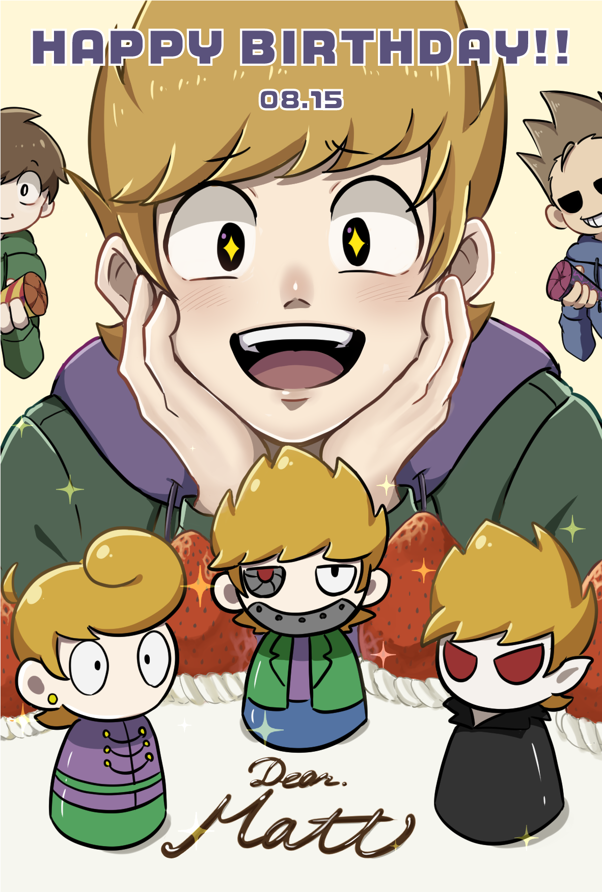 kashimiato, edd (eddsworld), future matt (eddsworld), matt (eddsworld), tom (eddsworld), eddsworld, commentary request, highres, partial commentary, 3boys, :d, animification, birthday, birthday cake, black eyes, blue hoodie, brown hair, cake, character doll, doll, drawstring, english text, food, fruit, green hoodie, green jacket, hands on own face, happy, happy birthday, hollow eyes, hood, hood down, hoodie, jacket, long sleeves, male focus, multiple boys, open mouth, orange hair, party popper, prince matthew (eddsworld), purple hoodie, short hair, smile, solo focus, sparkling eyes, spiked hair, strawberry