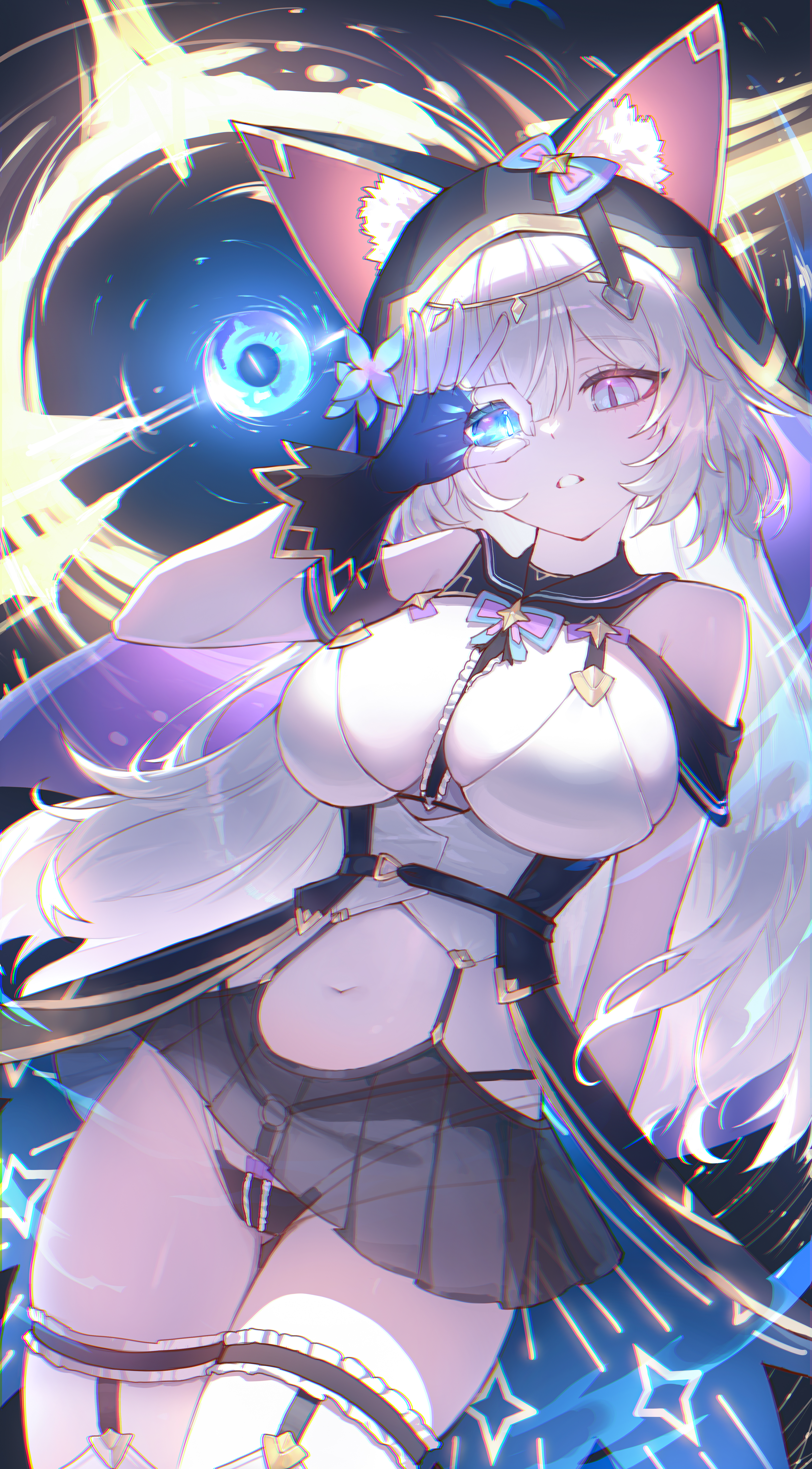 nooodle y, original, absurdres, commentary, commission, highres, 1girl, animal ear fluff, animal ears, bare shoulders, between breasts, black background, black hole, black panties, black veil, blue eyes, breasts, cleavage, colored inner animal ears, estelle (lj), fingerless gloves, flower, frilled thigh strap, garter straps, gloves, glowing, glowing eye, gold trim, gradient eyes, hair flower, hair ornament, highleg, highleg panties, large breasts, long hair, looking at viewer, miniskirt, multicolored eyes, navel, o-ring, panties, parted lips, see-through clothes, see-through skirt, shirt, sidelocks, skirt, sleeveless, sleeveless shirt, slit pupils, solo, strap, thigh strap, thighs, two-sided fabric, two-sided veil, underwear, veil, very long hair, white hair, white shirt