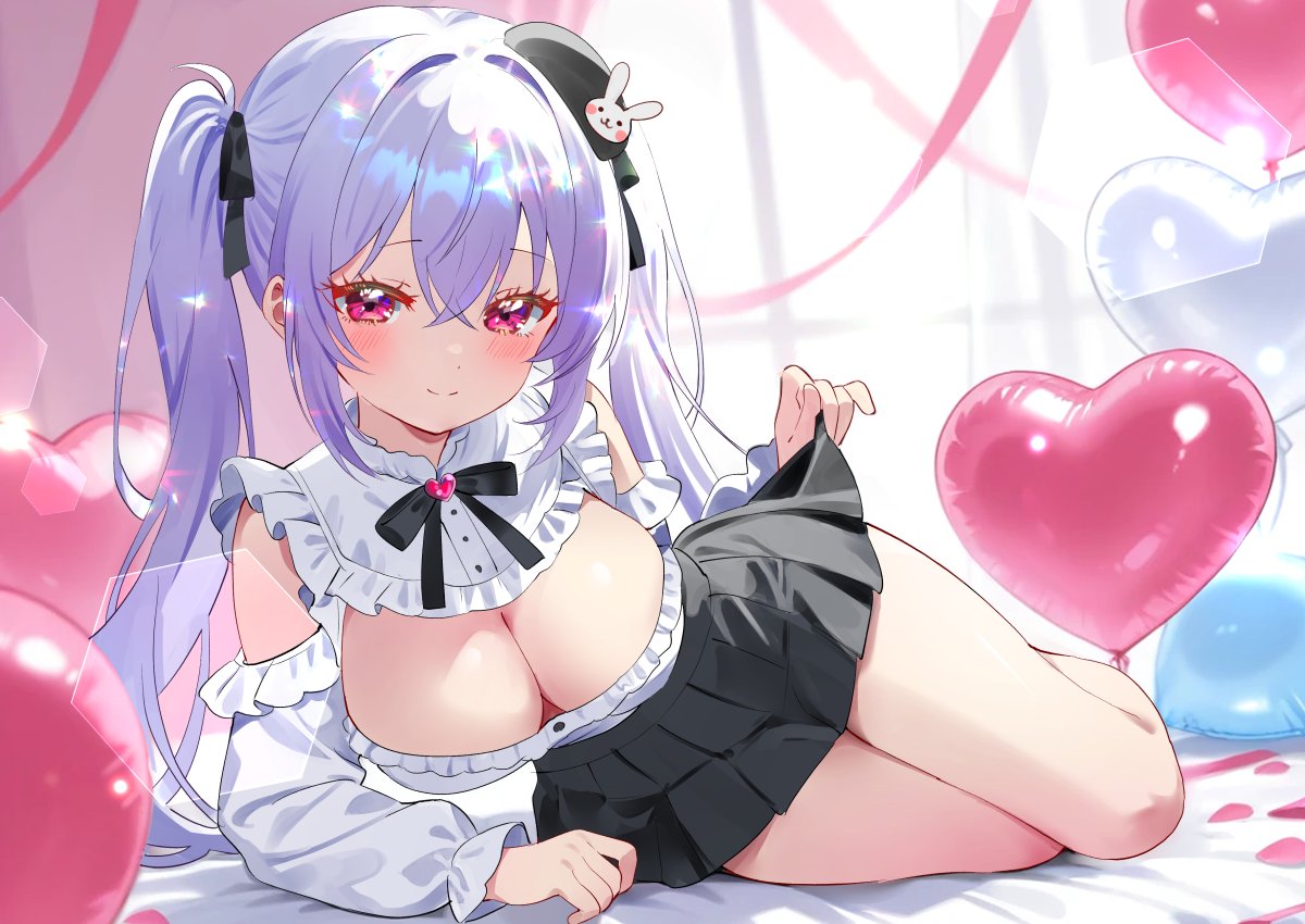 nta (n tan2), iriam, commentary request, 1girl, balloon, black hat, black ribbon, black skirt, blush, breasts, cleavage, cleavage cutout, closed mouth, clothes lift, clothing cutout, crossed bangs, full body, hair between eyes, hair ribbon, hat, heart, heart balloon, indoors, iridescent hair, large breasts, long hair, long sleeves, looking at viewer, lying, miniskirt, nitak (iriam), on side, pink eyes, purple hair, ribbon, shirt, skirt, skirt lift, smile, solo, twintails, virtual youtuber, white shirt