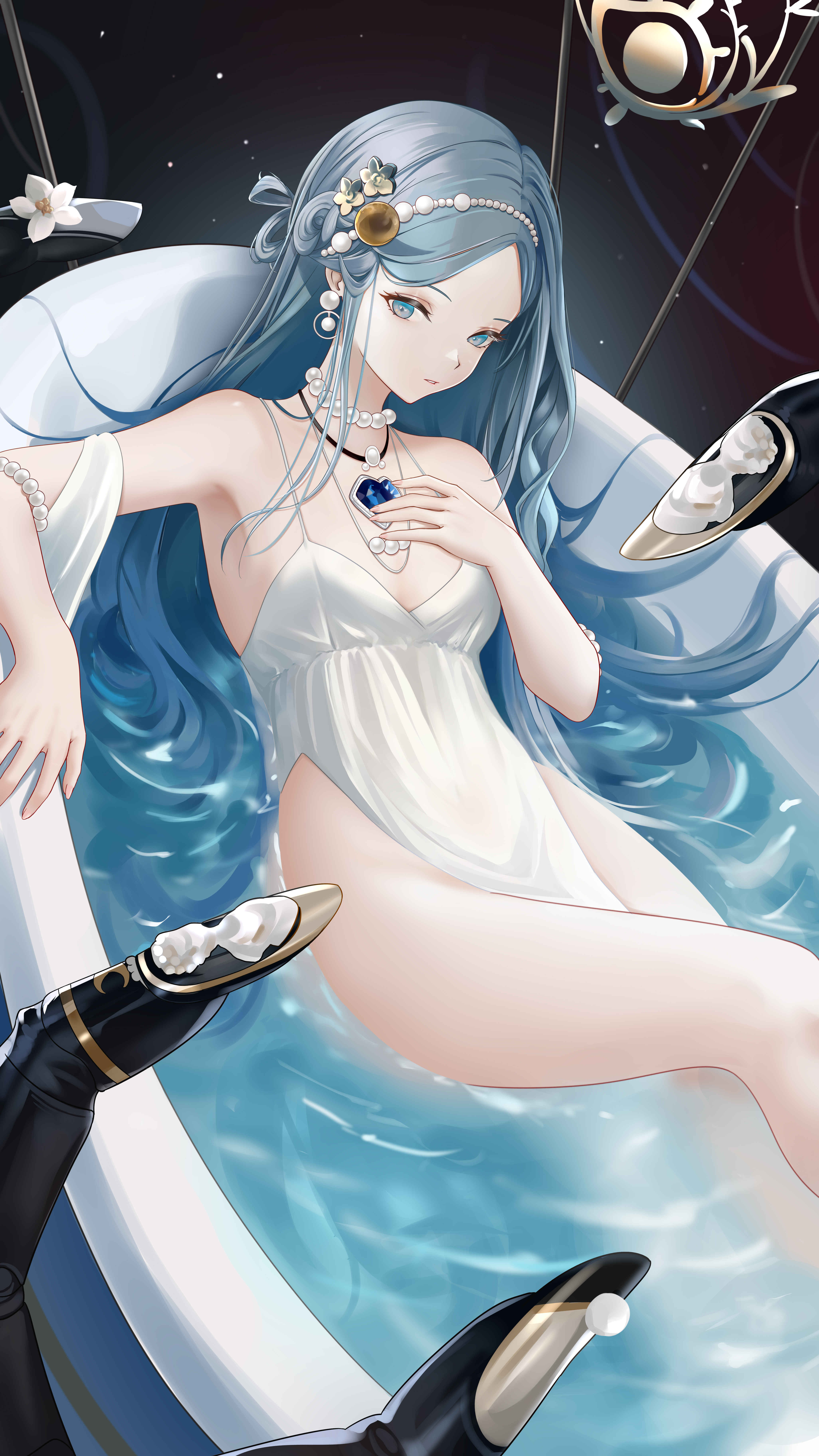 wo meiyou mao, champagne (adulation eternal) (azur lane), champagne (azur lane), azur lane, absurdres, commentary request, highres, 1girl, bare shoulders, bathtub, blue eyes, blue hair, blush, breasts, cleavage, clothed bath, dress, earrings, hair ornament, jewelry, long hair, looking at viewer, necklace, official alternate costume, partially submerged, pearl earrings, pearl hair ornament, pearl necklace, side slit, small breasts, solo, tiara, wedding dress, white dress