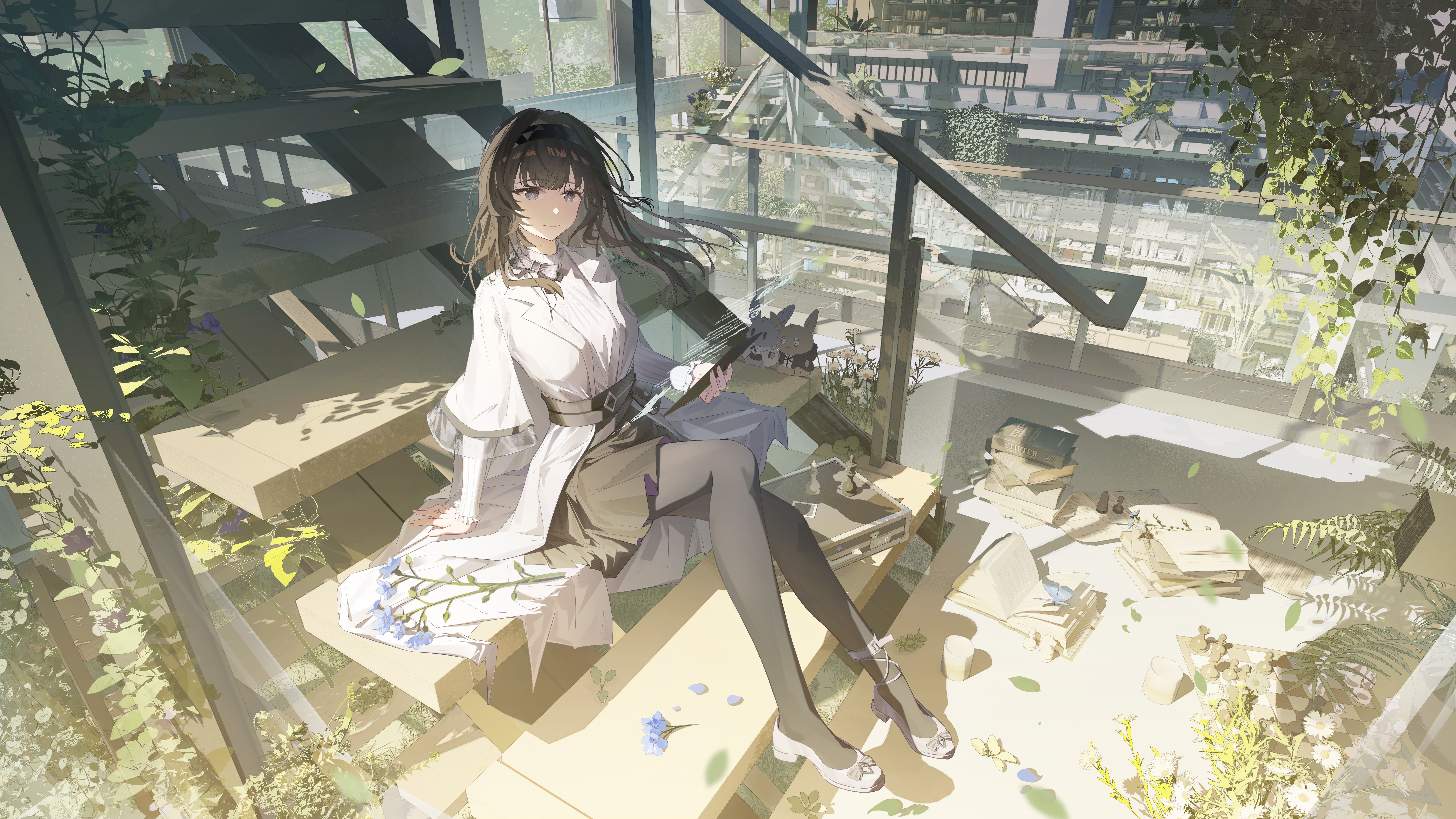 hui mou, priestess (arknights), arknights, absurdres, chinese commentary, commentary, highres, 1girl, bishop (chess), black hairband, black pantyhose, black sash, black skirt, blue flower, book, brown hair, chess piece, chessboard, coat, day, flower, full body, grey eyes, hairband, holding, indoors, knight (chess), lab coat, leaf, long hair, long sleeves, open book, overgrown, pantyhose, pawn (chess), petals, plant, rook (chess), sash, shoes, sitting, sitting on stairs, skirt, solo, stairs, sunlight, white coat, white flower, white shoes