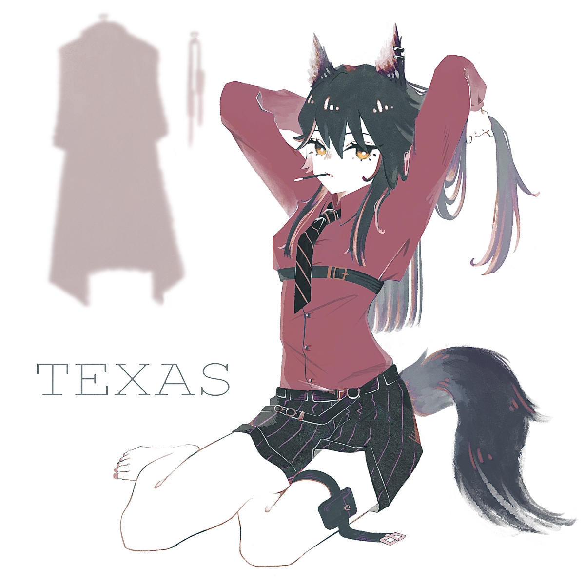 mugioec, texas (arknights), texas (willpower) (arknights), arknights, commentary request, highres, 1girl, animal ear fluff, animal ear piercing, animal ears, arms up, bare legs, barefoot, belt, black belt, black hair, black necktie, black shorts, breasts, character name, coat, collared shirt, diagonal-striped clothes, diagonal-striped necktie, dress shirt, ear piercing, food, food in mouth, full body, hair between eyes, long hair, long sleeves, looking at viewer, mouth hold, nail polish, necktie, official alternate costume, orange eyes, piercing, pocky, pouch, red shirt, shirt, shorts, sidelocks, simple background, sitting, small breasts, solo, striped clothes, striped necktie, striped shorts, tail, thigh pouch, thigh strap, tying hair, vertical-striped clothes, vertical-striped shorts, white background, wolf ears, wolf girl, wolf tail, yellow eyes, yokozuwari
