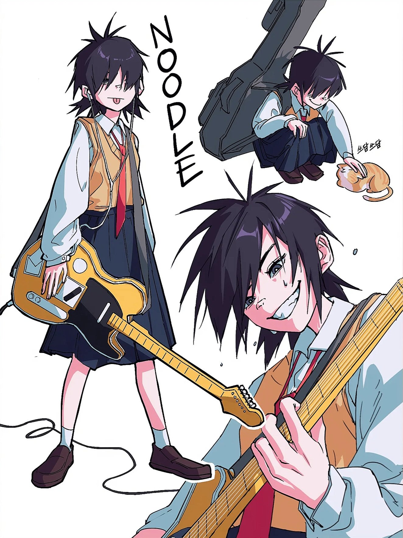 original, hashtag-only commentary, highres, 1girl, acoustic guitar, amplifier, bass guitar, black hair, electric guitar, goleum7, guitar, hair over eyes, hair over one eye, holding, holding instrument, instrument, long sleeves, messy hair, music, playing instrument, plectrum, school uniform, shoes, smile, socks, spiked hair, tongue, tongue out, white background