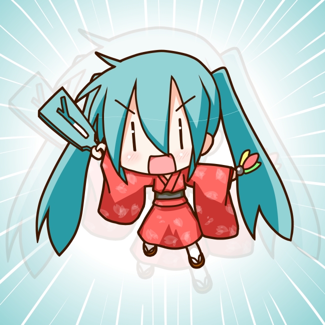 minami (colorful palette), chibi miku, hatsune miku, vocaloid, commentary, angry, chibi, japanese clothes, kimono, new year, solo, spring onion, twintails, zoom layer, | |