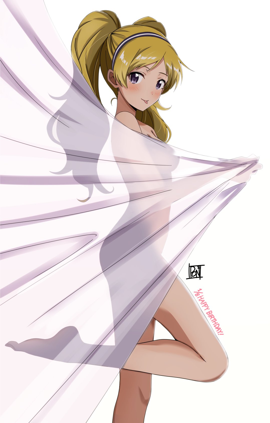 ponpon, emily stewart, idolmaster, idolmaster million live!, commentary request, highres, 1girl, :p, barefoot, behind curtains, birthday, blonde hair, blush, breasts, curtains, from side, hairband, happy birthday, leg up, long hair, looking at viewer, looking to the side, nude, purple eyes, simple background, solo, standing, standing on one leg, tongue, tongue out, twintails, white background