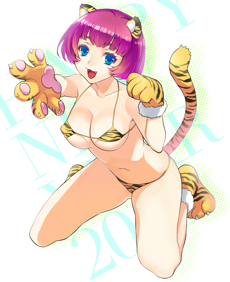 sage joh, tiger (chinese zodiac), original, bad id, bad pixiv id, 10s, 1girl, 2010, animal ears, animal hands, animal print, bikini, blue eyes, breasts, chinese zodiac, covered erect nipples, fang, female focus, kneeling, large breasts, leaning forward, micro bikini, new year, outstretched arm, outstretched hand, paw pose, pink hair, reaching, short hair, solo, swimsuit, tail, tiger ears, tiger print, tiger tail, yellow bikini