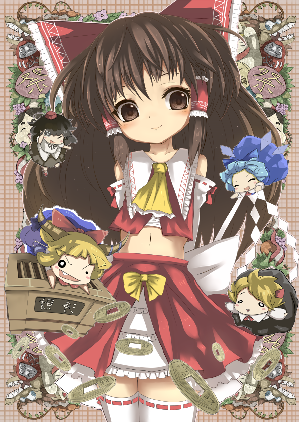 sanntouhei, cirno, hakurei reimu, ibuki suika, rumia, shameimaru aya, touhou, bad id, bad pixiv id, 5girls, adapted costume, black hair, blonde hair, blue hair, bow, box, brown hair, camera, chibi, coin, detached sleeves, donation box, dragon, hair bow, hat, horns, japanese clothes, long hair, midriff, miko, multiple girls, navel, sarashi, short hair, smile, thighhighs, tokin hat, white thighhighs, wings
