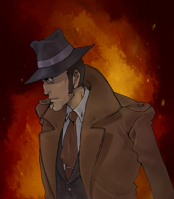 hirako waka, zenigata kouichi, lupin iii, tms entertainment, 1boy, cleft chin, coat, fedora, fire, formal clothes, hat, male focus, necktie, sideburns, solo, suit, trench coat