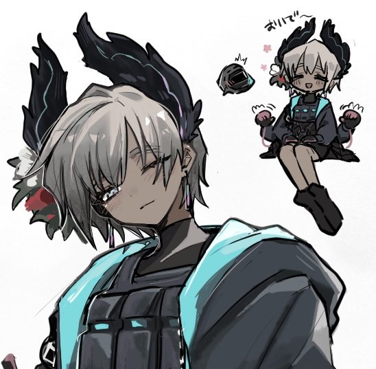 unako (ikhlh2), doctor (arknights), raidian (arknights), arknights, commentary request, 1girl, 1other, bird girl, black feathers, black gloves, blush, cable, closed eyes, dark-skinned female, dark skin, extra arms, feather hair, feathers, flower, gloves, grey eyes, grey hair, hair flower, hair ornament, head wings, jacket, multicolored gloves, multiple views, one eye closed, pink gloves, short hair, simple background, smile, two-tone gloves, unusually open eyes, white background, wings