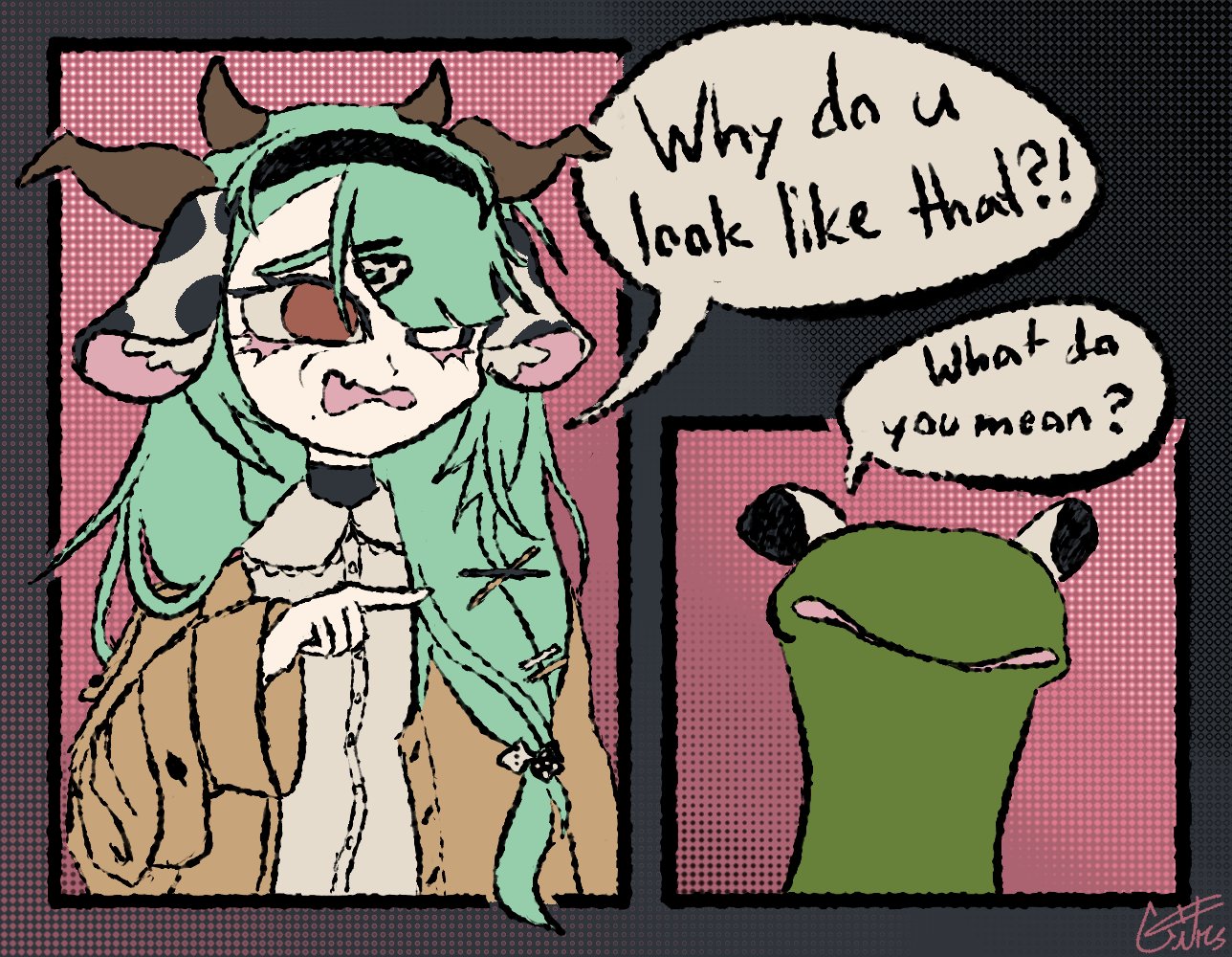 crelly, kermit the frog, vedal987, muppets, vedal ai, vrchat, commentary, english commentary, 1boy, 1girl, animal ear fluff, animal ears, animal print, bangs pinned back, black border, black hairband, black sclera, blunt bangs, border, brown coat, brown eyes, coat, colored sclera, cow ears, cow girl, cow horns, cow print, coyotecitrus, dice hair ornament, english text, gradient background, gradient border, green hair, hair ornament, hair over shoulder, hairband, hairclip, halftone, halftone background, horns, lace-trimmed shirt collar, long hair, long sleeves, low-tied long hair, mismatched eyes, parallel hairclips, peanut mouth, peter pan collar, pink background, pointing, raised eyebrows, shirt, signature, speech bubble, turtleneck, wall-eyed, white shirt, x hair ornament