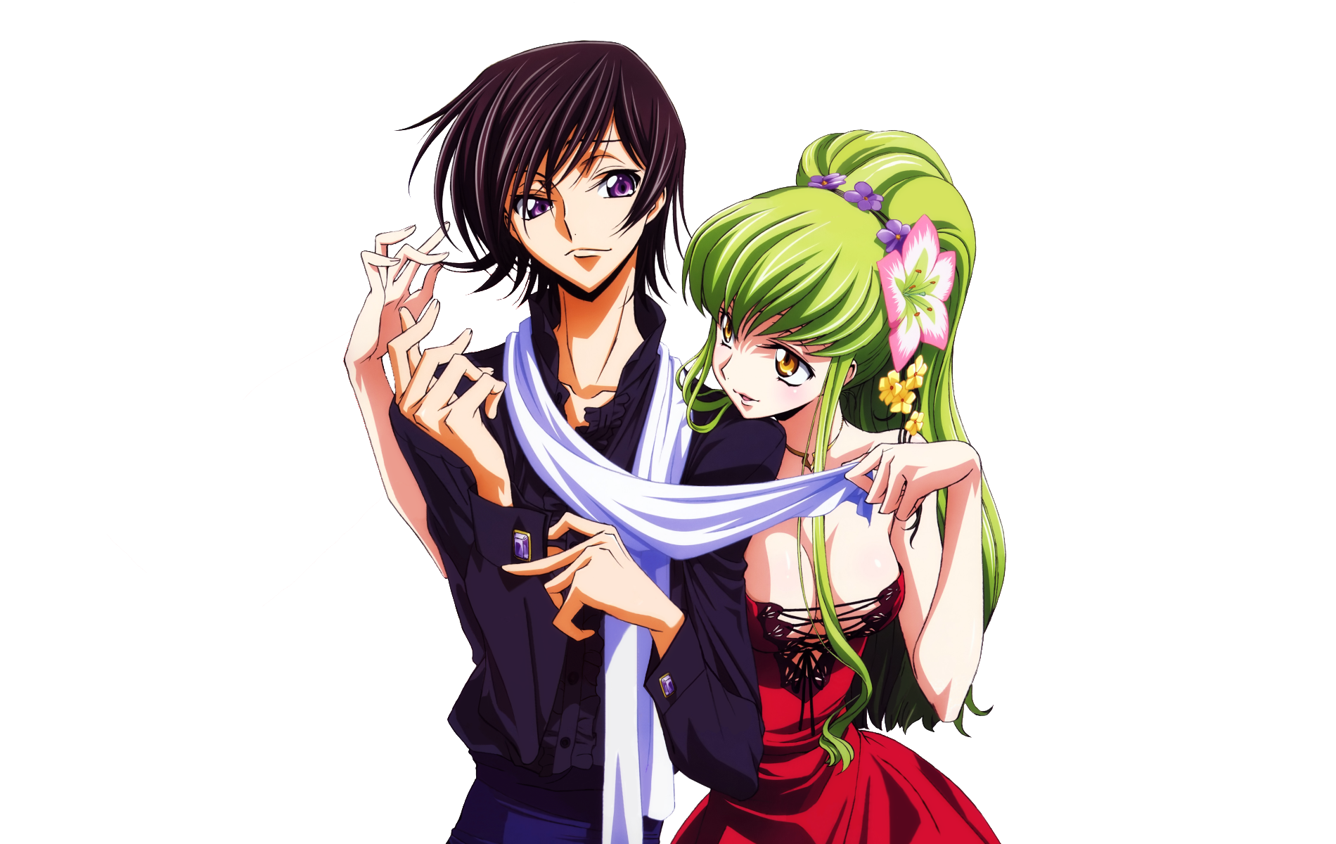 c.c., lelouch vi britannia, code geass, highres, non-web source, 00s, 1boy, 1girl, breasts, cleavage, green hair, medium breasts