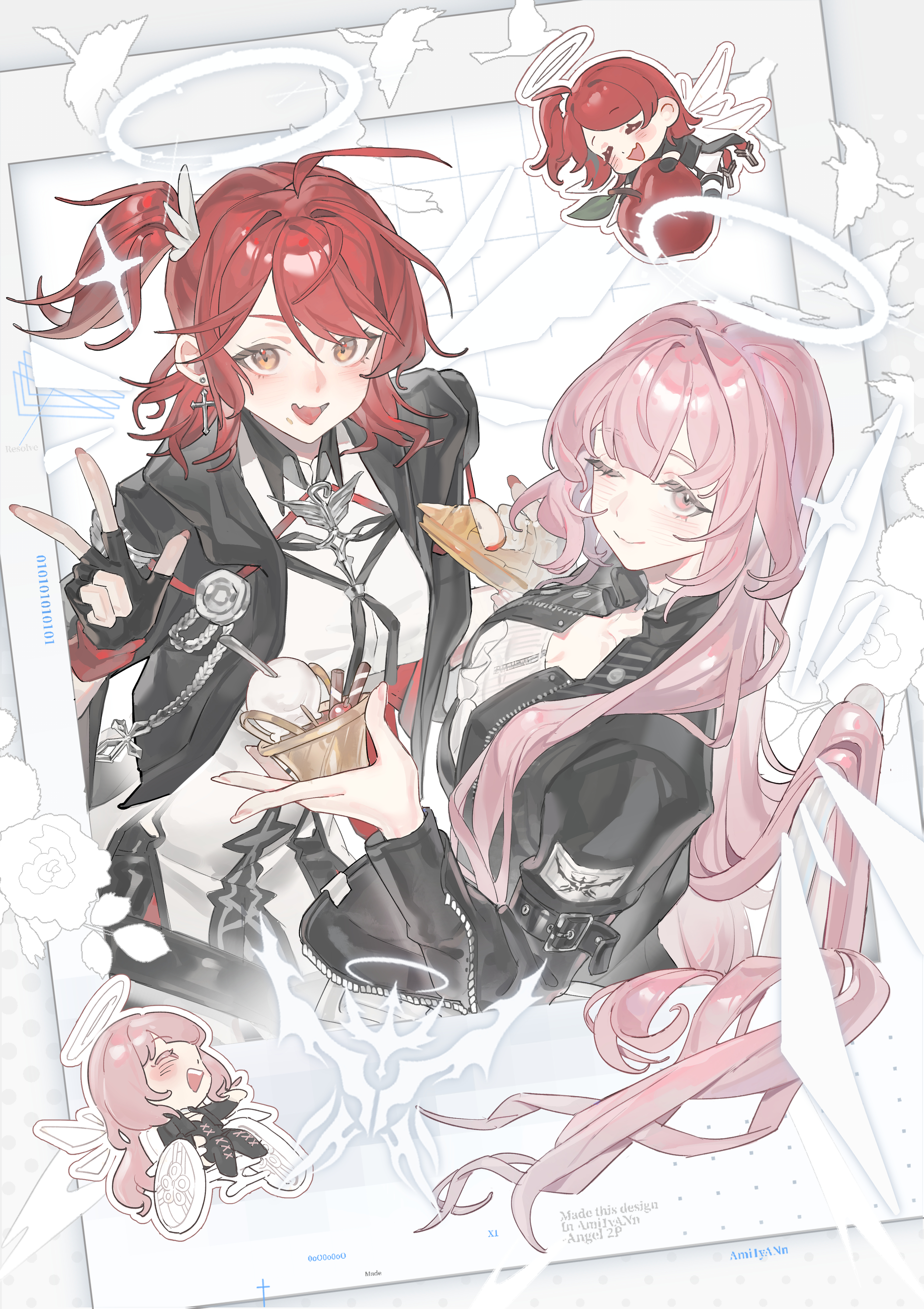 xiloi, exusiai (arknights), exusiai the new covenant (arknights), lemuen (arknights), arknights, absurdres, chinese commentary, commentary request, highres, 2girls, ahoge, angel, apple pie, black coat, chibi, coat, cross, cross earrings, earrings, food, halo, holding, holding food, ice cream, jewelry, long hair, multiple girls, open clothes, open coat, pie, pink eyes, pink hair, red hair, side ponytail, sidelocks, v, wings, yellow eyes