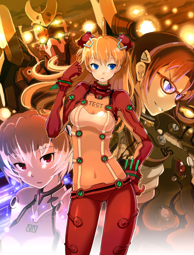 armcho, ayanami rei, makinami mari illustrious, souryuu asuka langley, neon genesis evangelion, rebuild of evangelion, 00s, 3girls, adjusting hair, blue eyes, blue hair, bodysuit, brown hair, glasses, hand on own hip, hip focus, long hair, mecha pilot suit, multiple girls, navel, orange hair, plugsuit (evangelion), red eyes, see-through clothes, short hair, test plugsuit (evangelion)
