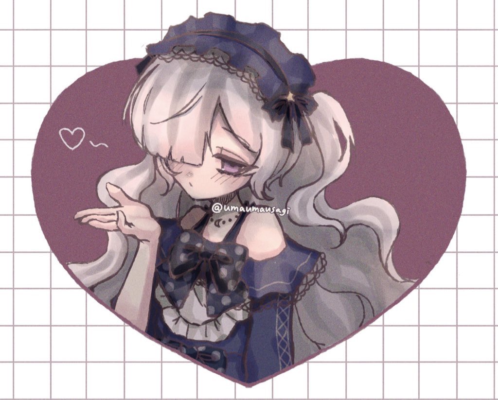 natsume an-an, mahou shoujo no majo saiban, commentary request, 1girl, bare shoulders, bow, gothic lolita, grey hair, hair over one eye, hairband, hand up, heart, lolita fashion, lolita hairband, long hair, looking at viewer, one side up, polka dot, polka dot bow, purple eyes, solo, upper body, wani (umaumausagi)