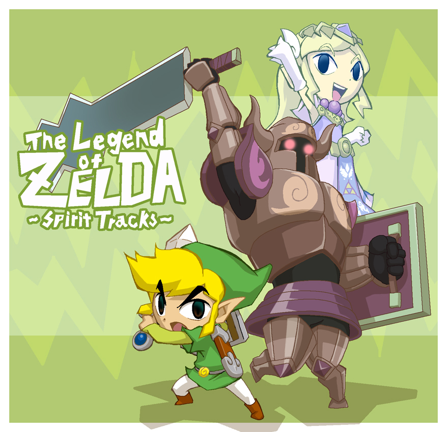 yabe makoto, link, phantom, phantom (zelda), phantom guardian, princess zelda, toon link, toon zelda, nintendo, the legend of zelda, the legend of zelda: spirit tracks, bad id, bad pixiv id, >:o, 1boy, 1girl, :d, :o, arm up, armor, armpits, beads, belt, black eyes, black gloves, blonde hair, boots, breastplate, capelet, clenched hand, copyright name, dress, elbow gloves, fake horns, fantasy, faulds, fighting stance, flat chest, full armor, full body, gem, gloves, glowing, glowing eyes, greaves, green background, hair ornament, hat, helmet, holding, holding sword, holding weapon, horned helmet, horns, imitating, jewelry, long hair, long pointy ears, long sleeves, looking at viewer, necklace, open mouth, pantyhose, pauldrons, pink eyes, pointy ears, possessed, shadow, sheath, shield, shield on back, short hair, short sleeves, shoulder armor, shouting, sidelocks, smile, swept bangs, sword, tabard, thick eyebrows, tiara, triforce, v-shaped eyebrows, vambraces, weapon, white gloves