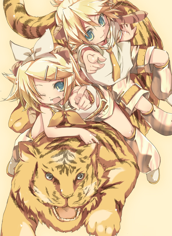 hekicha, kagamine len, kagamine rin, tiger (chinese zodiac), vocaloid, 1boy, 1girl, animal ears, blonde hair, blue eyes, brother and sister, chinese zodiac, hair ornament, hair ribbon, hairclip, necktie, new year, one eye closed, ribbon, short hair, shorts, siblings, smile, square-end necktie, tail, tiger, tiger ears, twins, wink