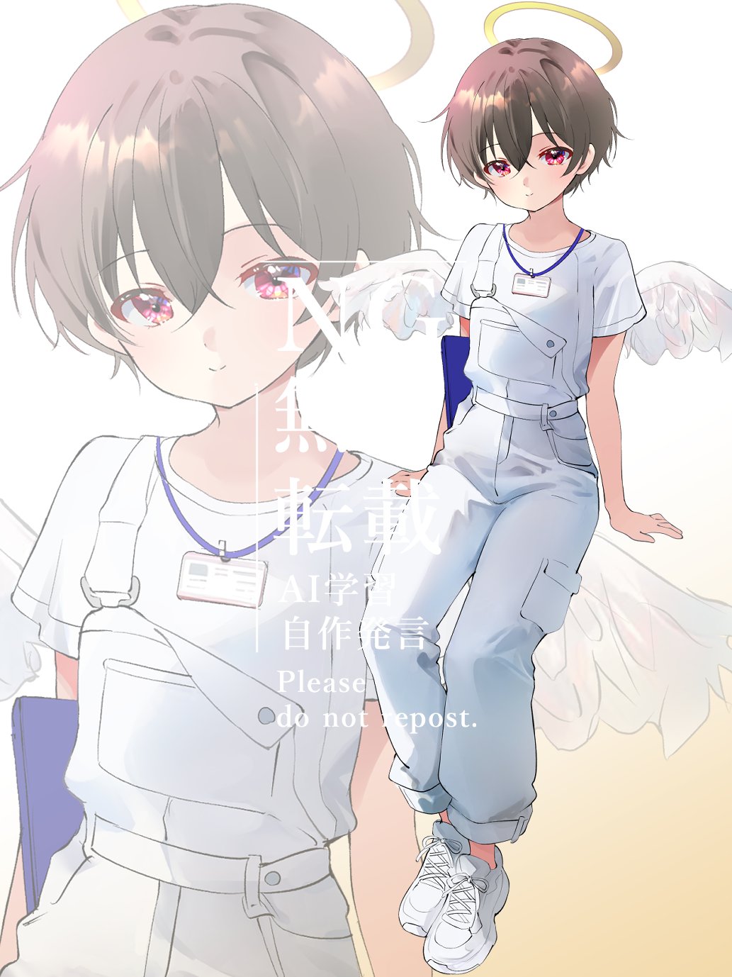 nta (n tan2), iriam, commentary request, highres, 1boy, amagiri mawo, angel, angel wings, bishounen, brown hair, choppy bangs, closed mouth, feathered wings, full body, hair between eyes, halo, looking at viewer, male focus, overalls, pink eyes, shirt, shoes, short hair, short sleeves, smile, virtual youtuber, watermark, white overalls, white shirt, white shoes, wings, yellow halo, zoom layer