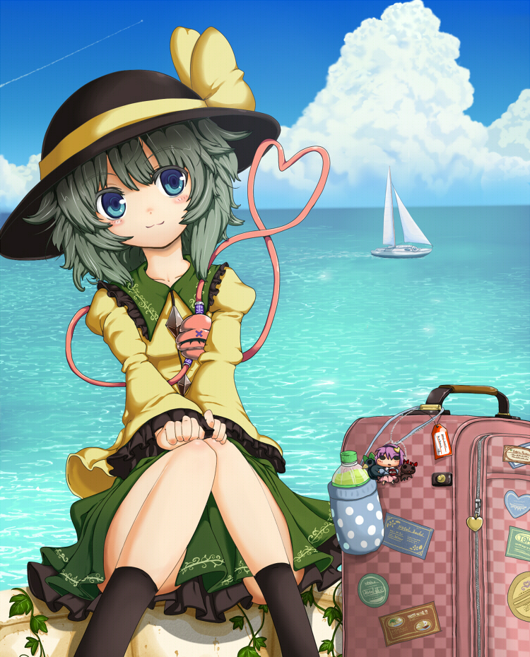 sumisu (mondo), kaenbyou rin, kaenbyou rin (cat), komeiji koishi, komeiji satori, reiuji utsuho, reiuji utsuho (bird), touhou, luggage, silver hair, 1girl, black hat, blue eyes, boat, cameo, day, female focus, hat, hat ribbon, heart, heart of string, ocean, ribbon, scenery, short hair, sitting, skirt, sky, smile, solo, watercraft