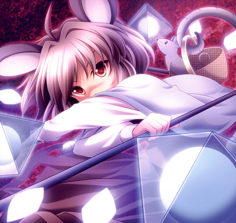 sui. (ayase), nazrin, touhou, 1girl, animal ears, danmaku, female focus, grey hair, mouse ears, red eyes, short hair, solo
