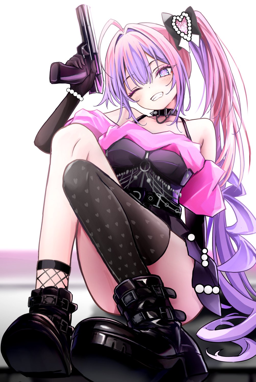 derk maxx, kikirara vivi, kikirara vivi (flowglow uniform), hololive, hololive dev is, commentary, highres, symbol-only commentary, 1girl, bare shoulders, black dress, blush, boots, bow, bracelet, choker, dress, grin, gun, hair bow, hair intakes, heart, heart print, jewelry, long hair, looking at viewer, multicolored hair, one eye closed, pink hair, purple eyes, purple hair, side ponytail, single thighhigh, smile, solo, spiked choker, spikes, streaked hair, thighhighs, very long hair, virtual youtuber, weapon