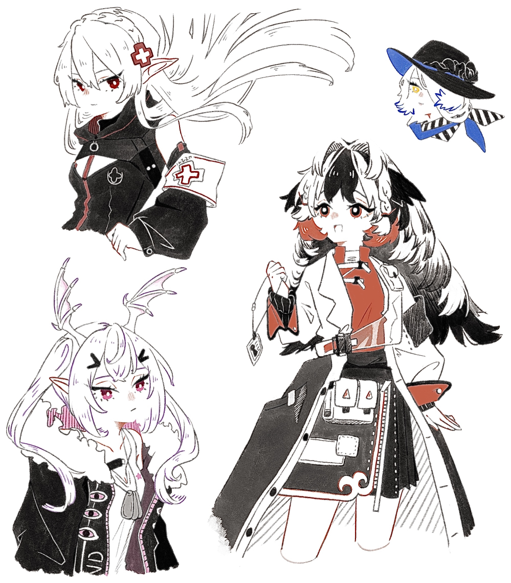 mugioec, manticore (arknights), orchid (arknights), snowsant (arknights), warfarin (arknights), arknights, commentary request, 4girls, :d, armband, black hair, black hat, black jacket, black skirt, braid, closed mouth, coat, cropped legs, cropped torso, crown braid, detached sleeves, dog tags, floating hair, flower, fur-trimmed jacket, fur trim, hair between eyes, hair ornament, hairclip, hat, head wings, holding, jacket, jewelry, long hair, long sleeves, multicolored hair, multiple girls, necklace, open clothes, open coat, open jacket, open mouth, pink eyes, pointy ears, puffy long sleeves, puffy sleeves, red eyes, red hair, red shirt, scarf, shirt, simple background, skirt, sleeveless, sleeveless shirt, smile, two-tone hair, white background, white hair, white jacket, white shirt, wings, yellow eyes