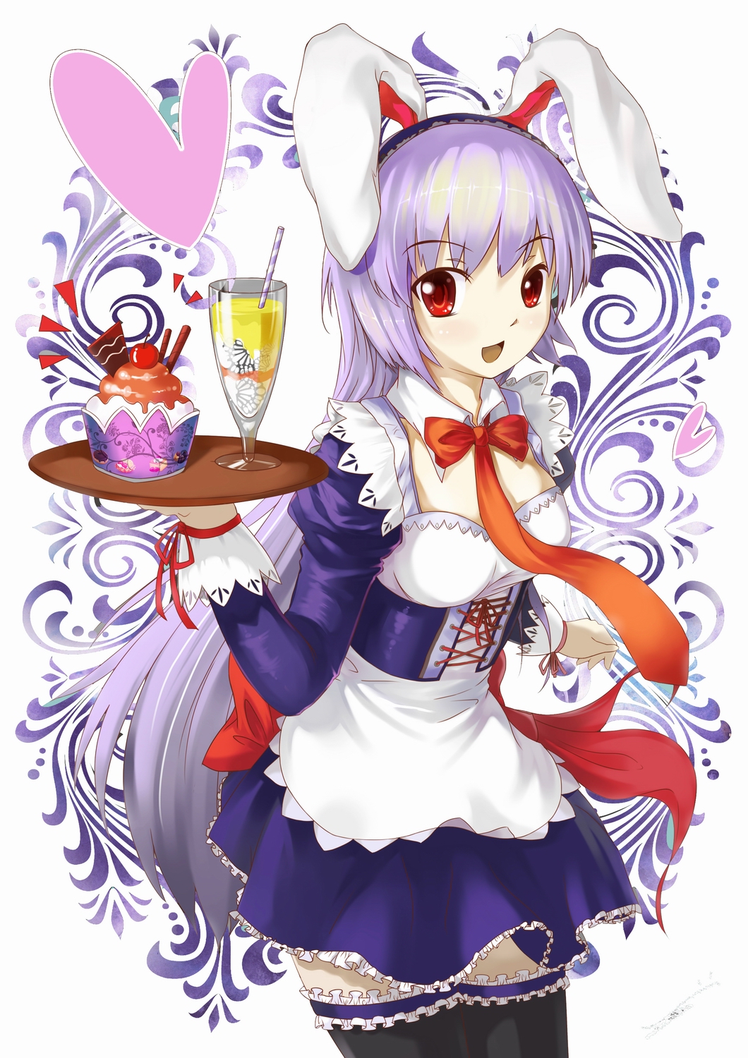 ino satsu, reisen udongein inaba, touhou, light purple hair, highres, 1girl, animal ears, female focus, long hair, necktie, rabbit ears, red eyes, solo, thighhighs, waitress