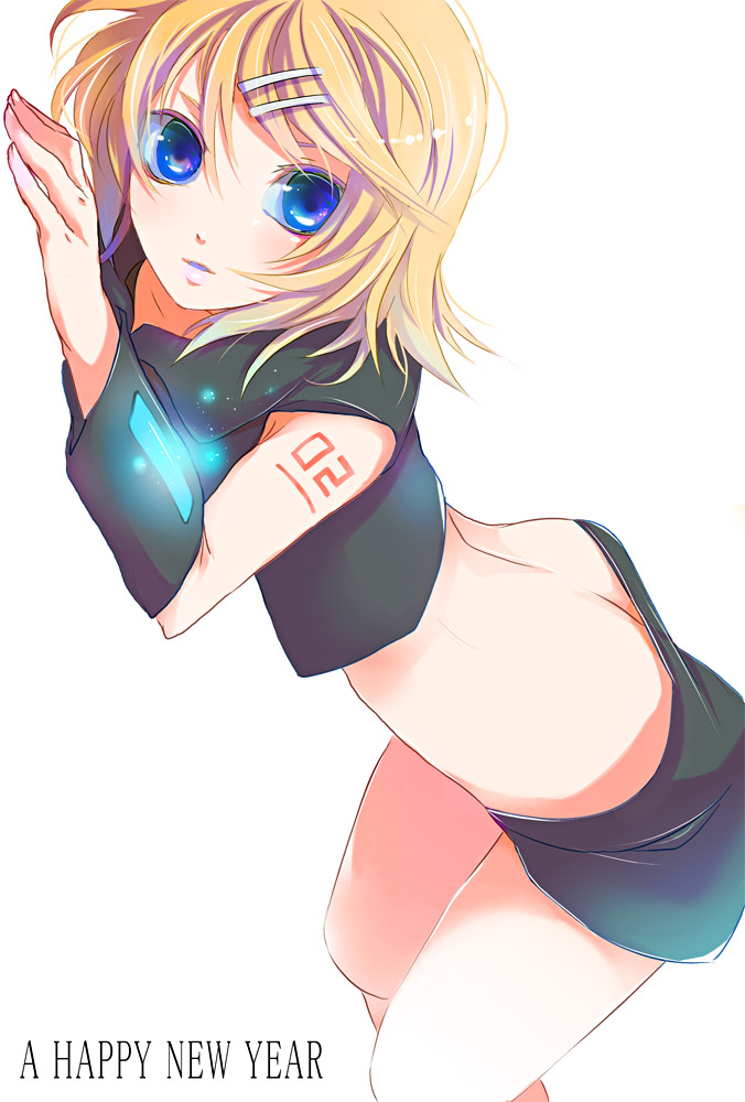 wakkoro, kagamine rin, vocaloid, bad id, bad pixiv id, 1girl, ass, bent over, blonde hair, blue eyes, butt crack, downpants, female focus, hair ornament, hairclip, looking at viewer, short hair, sideways, simple background, solo, top-down bottom-up