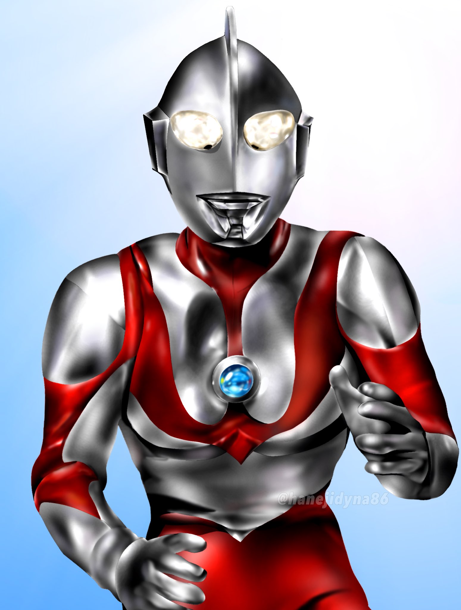 hanejidyna86, ultraman, tokusatsu, ultra series, ultraman (1st series), commentary, highres, 1boy, alien, blue background, color timer, colored skin, compound eyes, dorsal fin, fighting stance, giant, giant male, glowing, glowing eyes, gradient background, hands up, hunched over, looking at viewer, male focus, multicolored skin, no pupils, open hands, pectorals, red skin, silver skin, solo, spread fingers, twitter username, two-tone background, two-tone skin, upper body, white background, white eyes, wrinkled skin