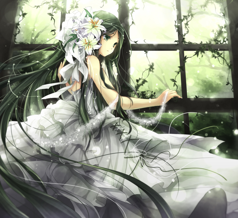 hagiwara rin, original, 1girl, black hair, bride, dress, female focus, flower, green eyes, green hair, hair flower, hair ornament, long hair, matching hair/eyes, plant, solo, very long hair, vines, wedding dress, window