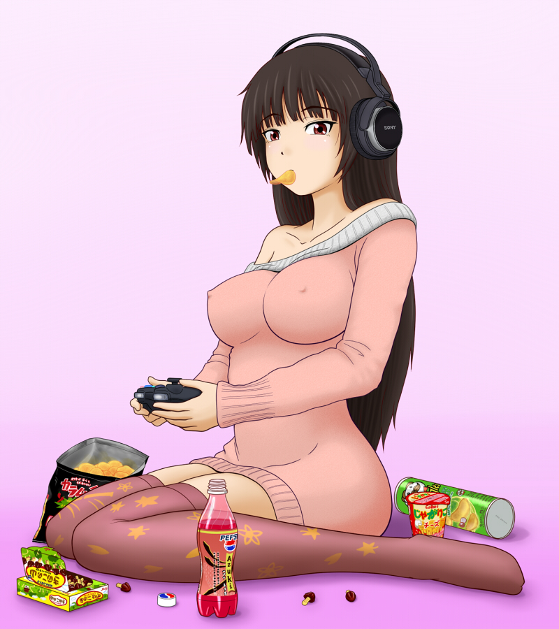simpson (gonpurin), houraisan kaguya, boukun habanero, pepsi, pringles, sony, touhou, bad id, bad pixiv id, 1girl, alternate costume, bag, bare shoulders, black hair, blunt bangs, bottle, breasts, brown hair, chili pepper, chips (food), cleavage, collarbone, contemporary, controller, covered erect nipples, curvy, dress, female focus, food, game console, game controller, gamepad, habanero pepper, headphones, hip focus, impossible clothes, impossible shirt, impossible sweater, jagarico, kinoko no yama, kneeling, large breasts, long hair, looking at viewer, mouth hold, no pants, patterned legwear, pepsi azuki, pink theme, potato chips, print thighhighs, product placement, purple thighhighs, red eyes, shirt, sitting, solo, straight hair, sweater, sweater dress, thighhighs, wariza, zettai ryouiki