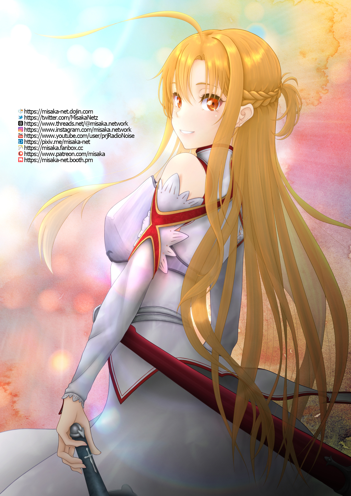 misaka-net, asuna (sao), sword art online, commentary request, highres, paid reward available, variant set, 1girl, ahoge, armor, artist name, bare shoulders, belt, booth logo, booth username, braid, breasts, brown eyes, brown hair, cowboy shot, detached sleeves, dress, fanbox logo, fanbox username, from behind, half up half down braid, holding, holding sword, holding weapon, instagram logo, instagram username, knights of blood uniform (sao), lambent light, long hair, long sidelocks, long sleeves, looking back, looking to the side, medium breasts, medium dress, parted lips, patreon logo, patreon username, pixiv logo, pixiv username, rapier, scabbard, sheath, sidelocks, sleeveless, sleeveless dress, smile, solo, sword, threads logo, threads username, turtleneck, turtleneck dress, twitter logo, twitter username, unsheathed, watermark, weapon, web address, white armor, white belt, white dress, white sleeves, youtube logo, youtube username